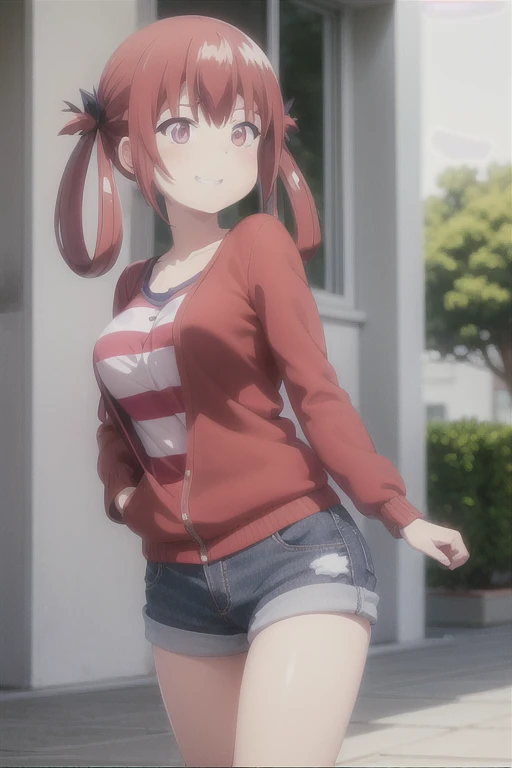 1 femal, small ???, asian, cute slanty eyes, full sleeve geisha tattoos on right arm, teardrop tattoo under eye, hip hop clothes, realistic lips, oversized white t-shirt, arms crossed propping up breast, hourglass figure, cat ears, on the street corner, pistol tucked in pants, light brown hair, purple eyes, laughing, red hair, slit pupils, peaked cap, best quality