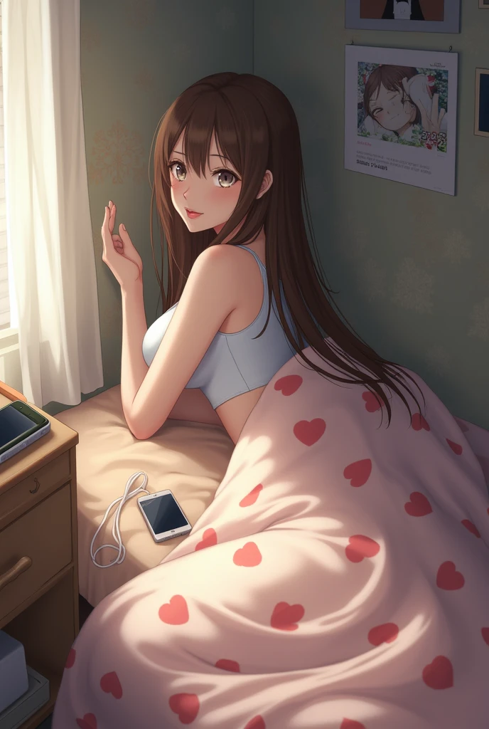 1girl,20y.o,red underwear,brown hair,mullet haircut,long hair,ponytail hairstyle,light red eyes,Bedroom background,lying on the bed.
