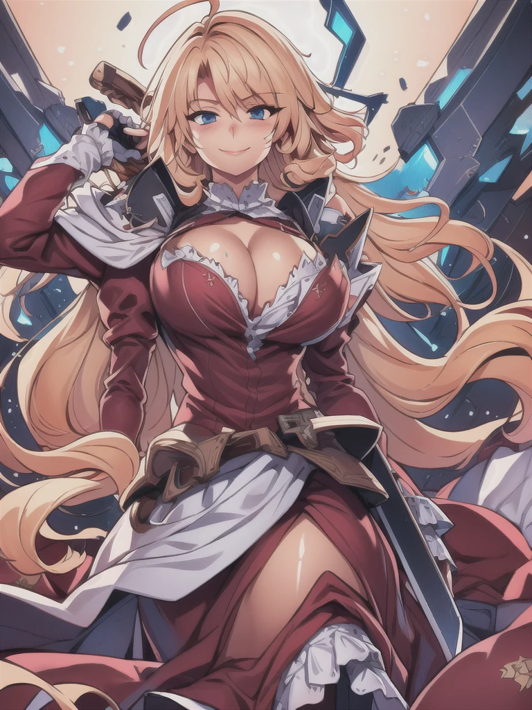 masterpiece,best quality,kim_kwang_hyun, 1girl, long curly pale-blondie hair, bangs, Ahoge, plumpy, solo, pale-blondie hair, Long curly hair, ahoge, large huge breasts, looking at viewer, blue eyes, pale-blondie hair, big boson, large huge breasts, long sleeves, dress, cleavage, closed mouth, weapon (( hand-blade)), puffy sleeves, arm up, clothing cutout, copyright name, red dress, cleavage cutout, juliet sleeves , power armor, shoulder armor, pale-blondie hair, long curly hair, ahoge, blue eyes, Smilling 