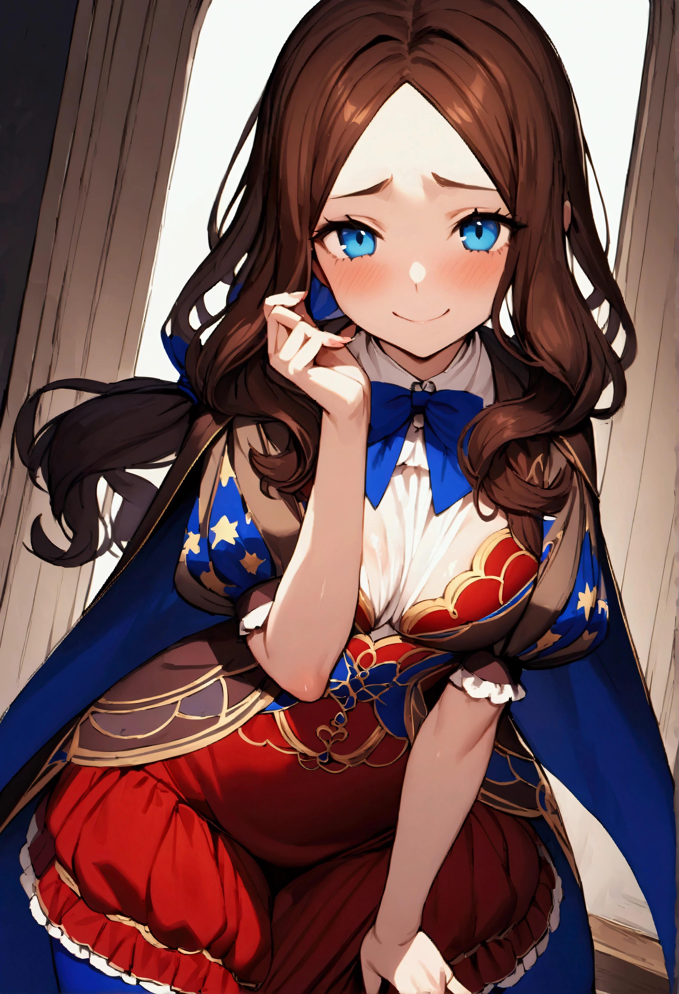 NSFW,masterpiece,Highest quality,High resolution,Very detailed,Leonardo da Vinci\(Fate/grandorder\),blue eyes, Long Hair, Brown Hair, Side Lock, Low Ponytail, ribbon, dress, White shirt, Puff sleeves, Short sleeve, Red Skirt, Cape, Blue Pantyhose,Bewitching Smile