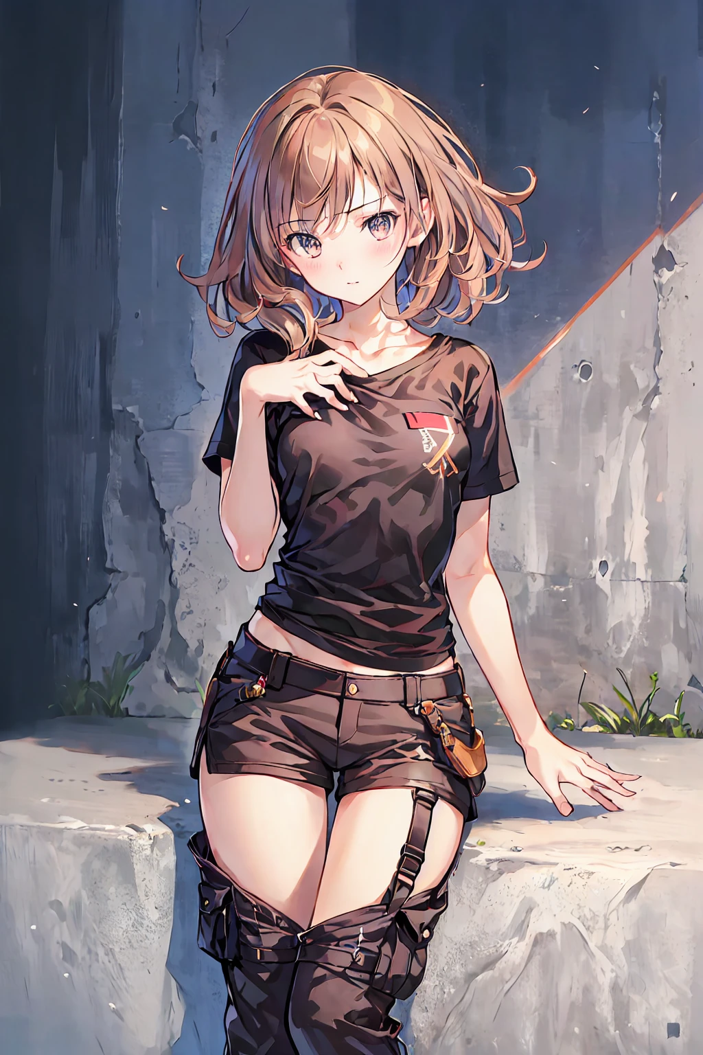 Brown Hair，Shortcuts，Messy Hair，Slender beauty，Hall々A positive attitude，Small box，Beautiful legs，Super Resolution,
(Realistic:1.3),
(1 slim girl), Stylish girl, fashion,
Young Face, blush, ,
(slim) thigh,
(black t-shirts), (Loose cargo pants),
gravure,
break (masterpiece:1.2), Highest quality, High resolution, unity 8k wallpaper, (shape:0.8), (Beautiful attention to detail:1.6), Highly detailed face, Perfect lighting, Extremely detailed CG, (Perfect hands, Perfect Anatomy),