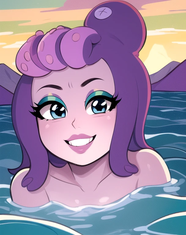 calamaria,purple squid hair,blue eyes,eyeshadow,
mermaid,face focus,
looking at viewer,
ocean,mountains,smile,
(insanely detailed, beautiful detailed face, masterpiece, best quality),