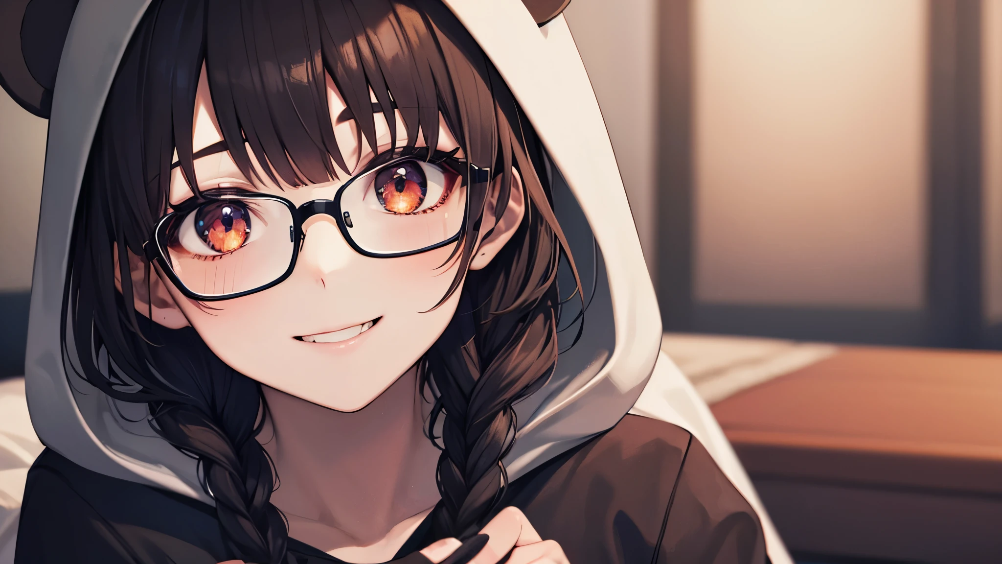 Highest quality, 8k, 4K, High resolution, (extremely detailed face), extremely detailed eyes, High Contrast, 1girl, Textured skin, slender,bear costume, Long sleeve, Wear a hood, twin braids, Beautiful black hair, Brown eyes, Glasses, smile,On the bed ,sit between the pillows