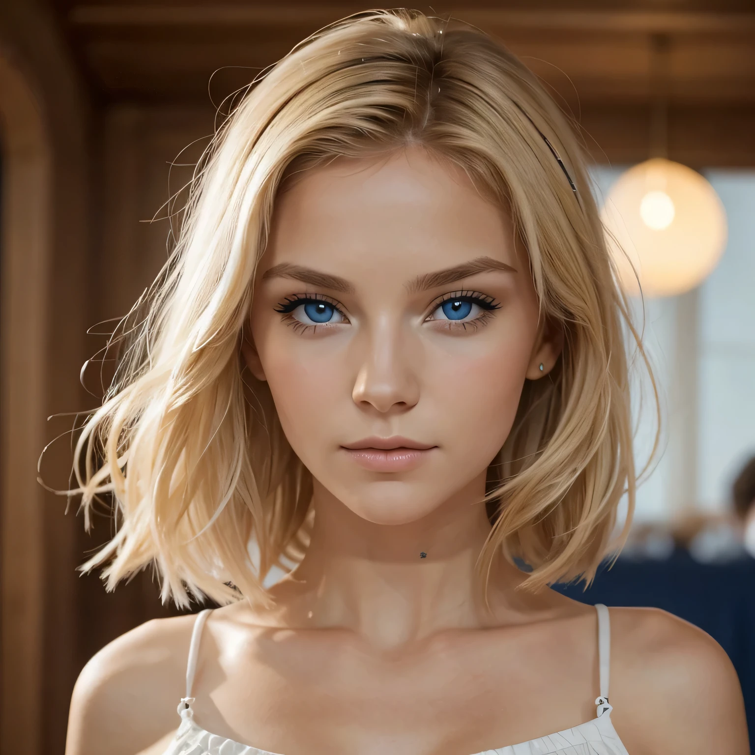 1fille, blond, yeux bleus, Belle femme, Coiffure décontractée, beaux yeux et visage détaillés, émotion expressive, Couleurs vives, éclairage doux, atmosphère dramatique, corps parfait, mince et élancé, bibelots, Seins de la taille d&#39;un bonnet D, Type de corps attrayant et sexy, regardant le spectateur, seins nu et jambes écartées avec sex entre les mains et sperme sur le visage