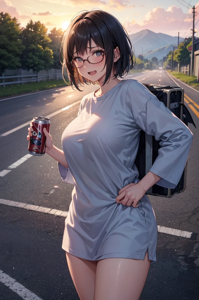 A girl with short hair,medium breasts,huge hip,thick thighs,evil grin,open mouth,clenched teeth,nose-blush,full-blush,rolling eyes,,alcoholism,wearing glasses and oversized T-shirt,long sleeves,long cargo pants is looking up at an angle while holding a can of beer on a country road at dusk,from behind,sunset,cinematic lighting,dynamic lighting