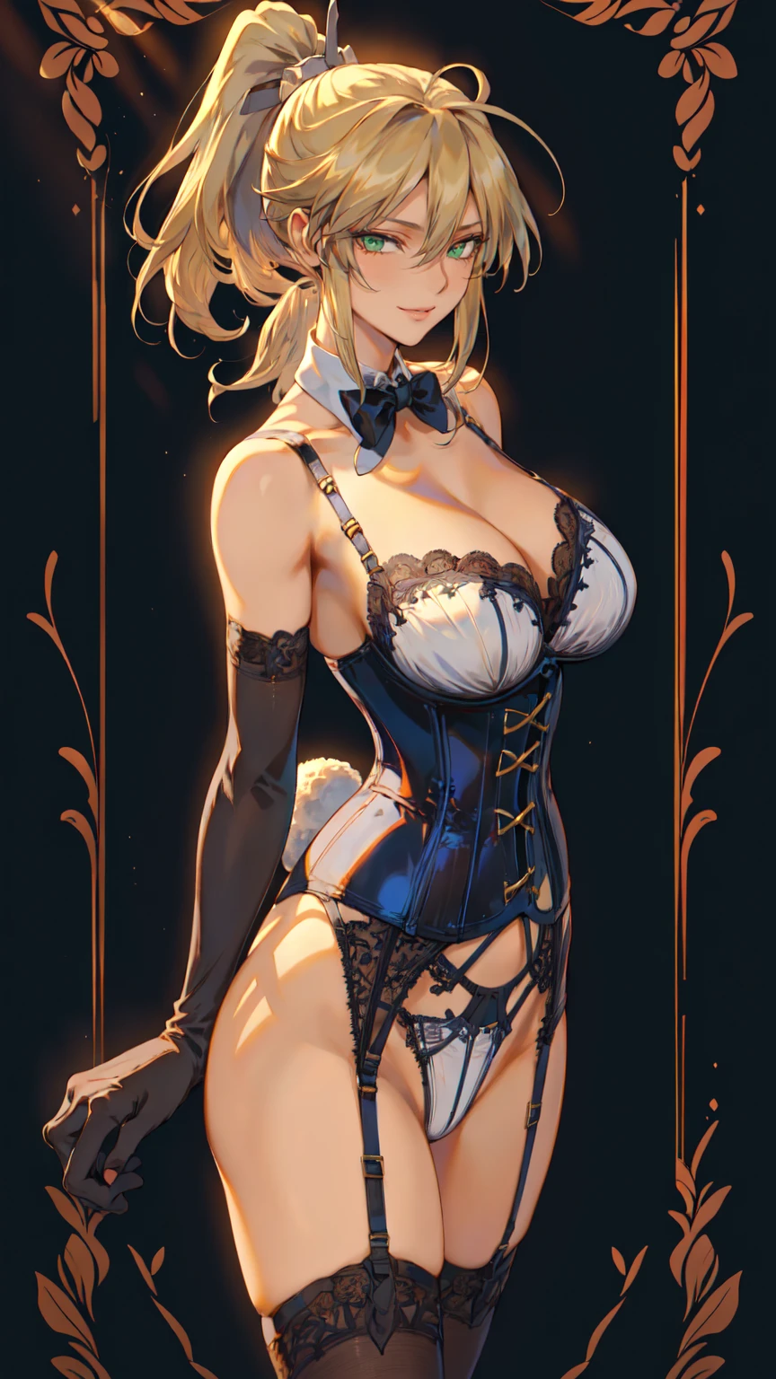 Artoria Lancer, Mature Woman, Cool woman, elegant, Blonde, (((Green Eyes, eyes in highlight:1, shiny eyes:1))), ((Bunny suit, Headband, rabbit ears, corset, bow tie, elbow gloves, garter belt, high leg, thigh highs)), Portraiture, ((cowboy shot)), Curvaceous, 4K resolution, high quality, 最high quality, High resolution, unity 8k wallpaper, (figure:0.8), (((beautiful細部までこだわった目:1.6))), ((非常に詳細なface)), Highly detailed CG, (Perfect hands, Perfect Anatomy), (Vibrant_color:1.2), Professional photos, (beautiful_face:1.5), (narrow_Waist), (((grin, sharp face))), (perfect anatomy), ((highly detailed beautiful face)), ((slender body, slim arms)), ((huge boobs, Cleavage)),((long hair, wavy hair, high ponytail, long sideburns)),(official art:1), ((tall person)), (nice body), Incredibly absurd, 最high quality, 4K wallpaper, mature modeling, One girl, alone, (arms behind head), (魅惑的なface:1.3), Bone eye, Deep and detailed, ((see-through lingerie garter belt black thigh highs)), sexy lace underwear, lingerie, Simple Background, Gradient Background