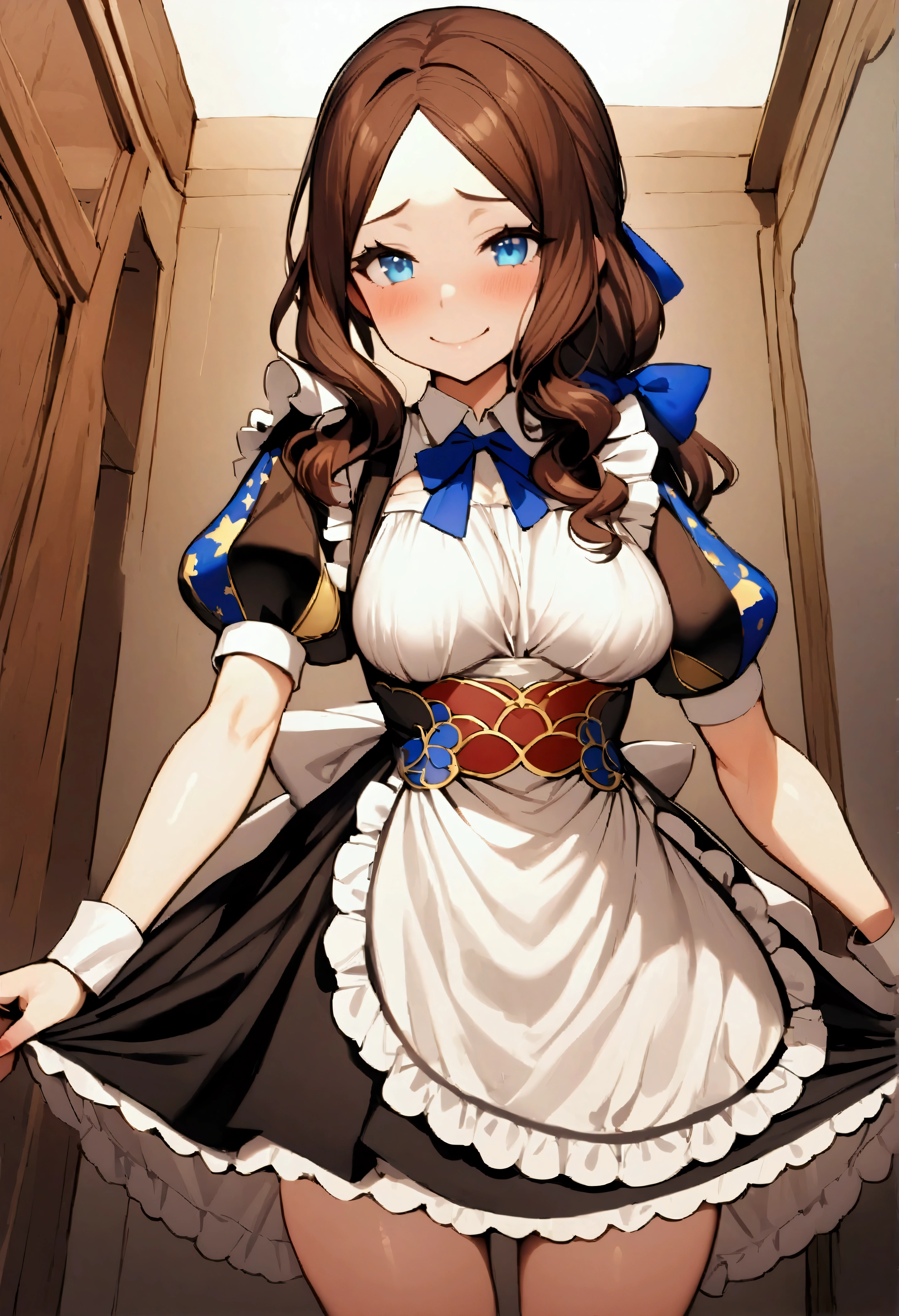 NSFW,masterpiece,Highest quality,High resolution,Very detailed,Leonardo da Vinci\(Fate/grandorder\),blue eyes, Long Hair, Brown Hair, Side Lock, Low Ponytail, ribbon, Short sleeve, Wrist cuff, maid, apron, maidヘッドドレス, Black knee socks,Bewitching Smile