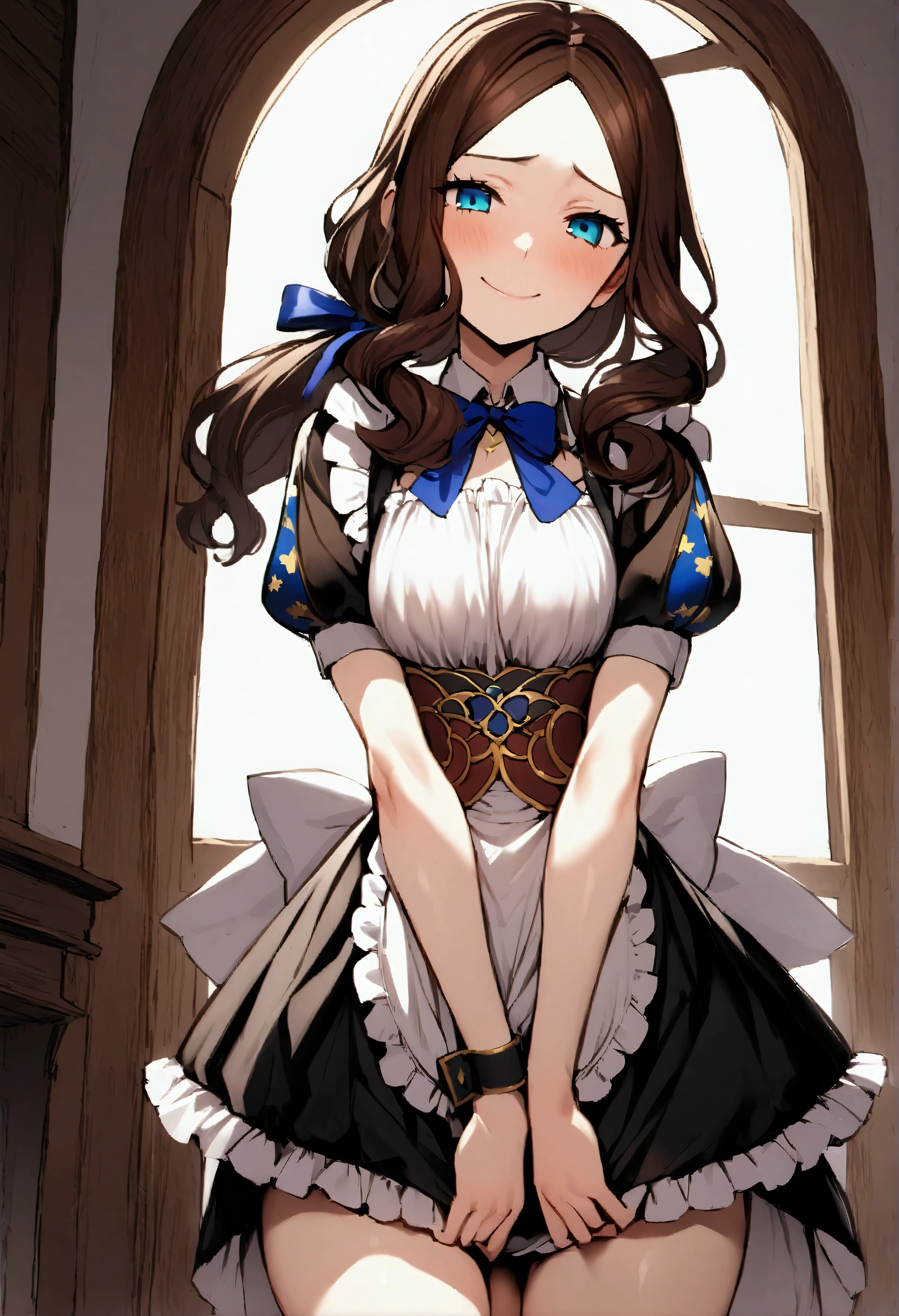 NSFW,masterpiece,Highest quality,High resolution,Very detailed,Leonardo da Vinci\(Fate/grandorder\),blue eyes, Long Hair, Brown Hair, Side Lock, Low Ponytail, ribbon, Short sleeve, Wrist cuff, maid, apron, maidヘッドドレス, Black knee socks,Bewitching Smile