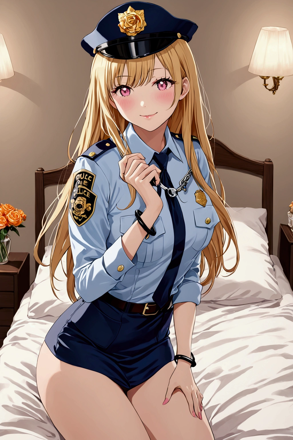 Marin kitagawa, She has silky blonde hair, tipped with pinkish-red or citrus orange, reaching down around her pelvic region, on bed , sexy pose ,(( wearing police dress)) , one adult women , holding handcuffs, happy face , hairs fading from end in colour pick , sexy environment ,Her eyes are naturally a dark brown, although she is almost always seen with dark pink color contacts when she isn't cosplaying, sexy arched back pose