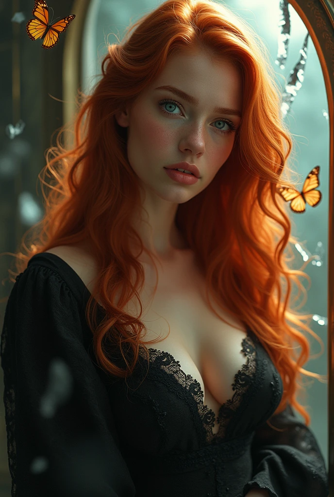 (solo, full body photo:1.3), (action packed:1.3), (haze, fog, mist:1.3), chiaroscuro, best quality, photorealistic, 1woman, (cute), (24yo:1.2), redhead, long ginger hair highly detailed, 1700'S, digital photography, art by artgerm and ruan jia and greg rutkowski surreal painting gold butterfly filigree, broken glass, (masterpiece, sidelighting, finely detailed Fashionable eyes: 1.2) (perfect oval large eyes that gazes at the viewer), beautiful detailed face, blue gorgeous perfect eyes, (blonde hair ponytail), (attractive young woman:1.3), (thick amazing hair), (seductive:1.1), (blushing:1.1)