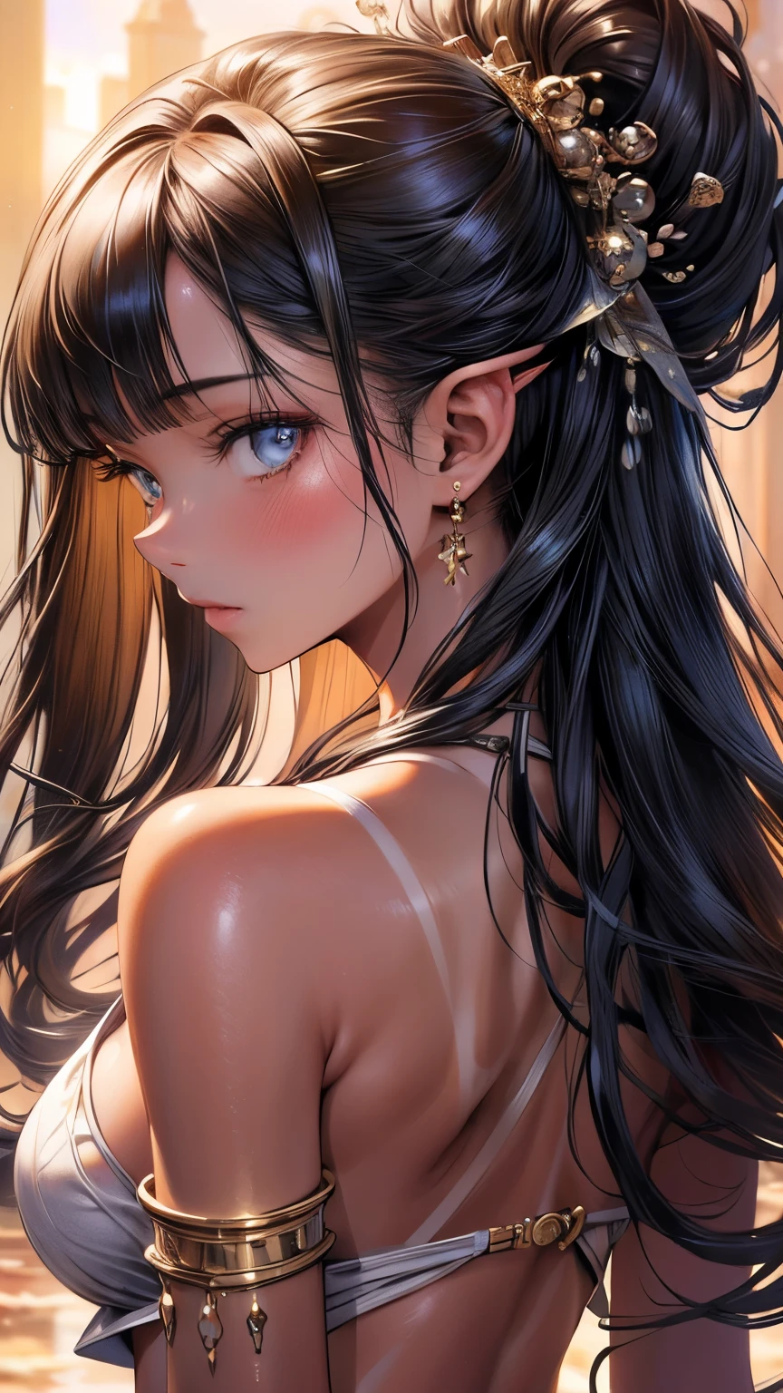 a beautiful anime girl with long black hair, blue eyes, pointy ears, timid expression, small breasts, outdoors, seaside, swimtan, one-piece tan, tanline, tan, bikini, full body, from back, belly, swimsuit tan, ass focus, beautiful eyes, loraeyes, (best quality,4k,8k,highres,masterpiece:1.2),ultra-detailed,(realistic,photorealistic,photo-realistic:1.37),intricate details, extremely detailed face and eyes, soft lighting, warm color palette, cinematic composition