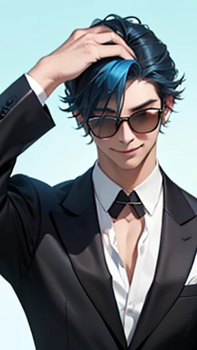 alone、A white open-necked shirt and a black suit showing off his collarbone、Smooth blue hair that reaches down to her back、Eyes showing through sunglasses、Handsome man smiling while holding a cup and looking at the camera、Hair up to the neck