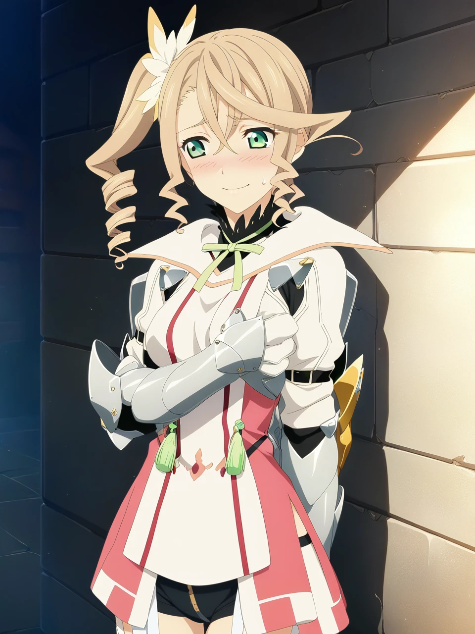 NSFW:1.5,adarmor, Blonde, Side Ponytail, Green Eyes, armor, Neck ribbon, Black shorts, Garter Straps, Gauntlet, gloves, Greaves, One girl, chest wall, Day, Game CG, Anime screenshots, Official Art, masterpiece, Highest quality,Embarrassed smile,grabbing own breasts