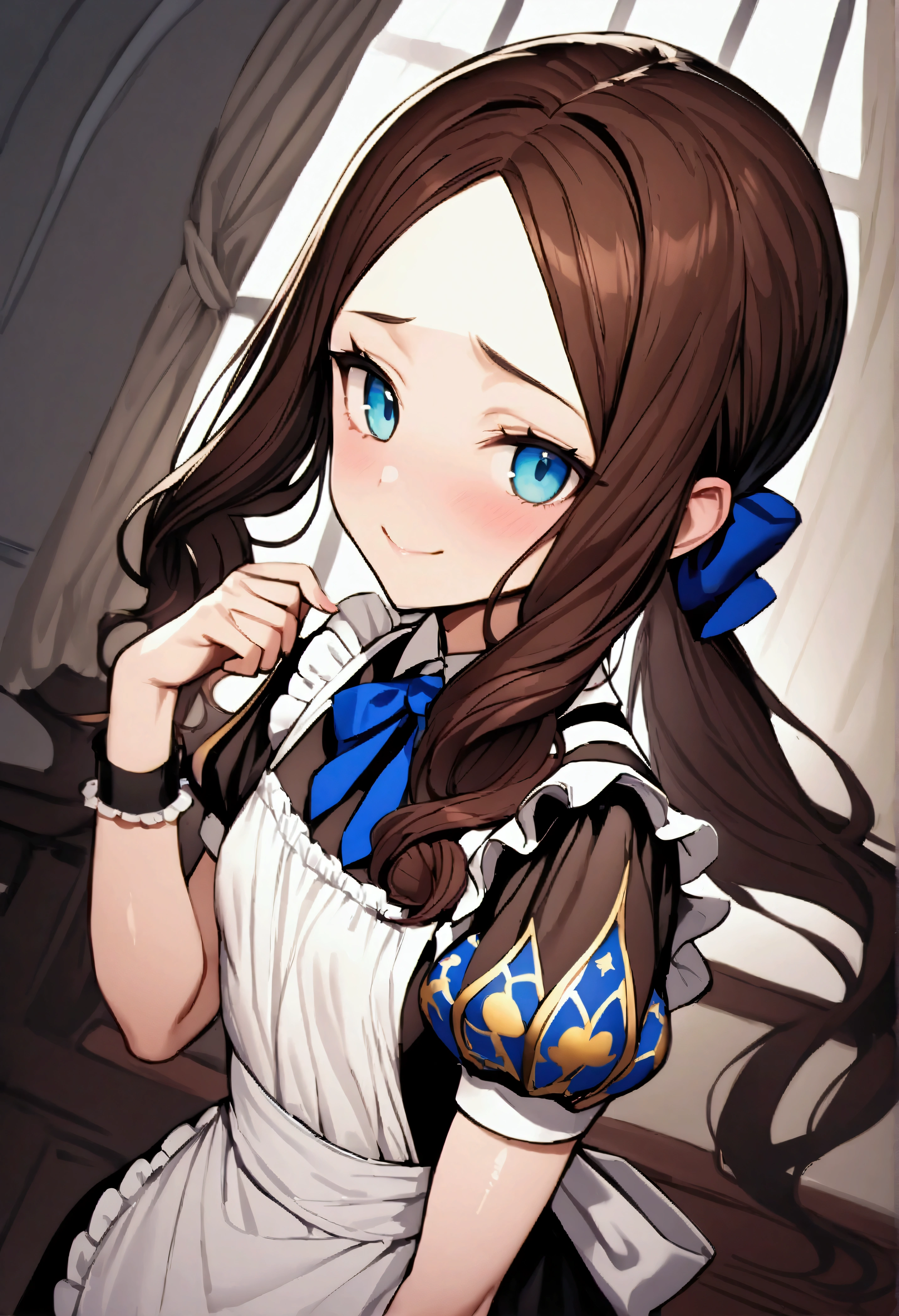 NSFW,masterpiece,Highest quality,High resolution,Very detailed,Leonardo da Vinci\(Fate/grandorder\),blue eyes, Long Hair, Brown Hair, Side Lock, Low Ponytail, ribbon, Short sleeve, Wrist cuff, maid, apron, maidヘッドドレス, Black knee socks,Small breasts,Bewitching Smile