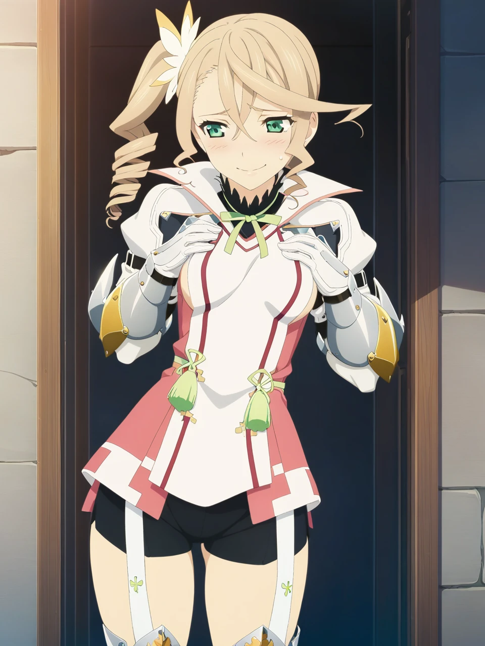 NSFW:1.5,adarmor, Blonde, Side Ponytail, Green Eyes, armor, Neck ribbon, Black shorts, Garter Straps, Gauntlet, gloves, Greaves, One girl, chest wall, Day, Game CG, Anime screenshots, Official Art, masterpiece, Highest quality,Embarrassed smile,grabbing own breasts