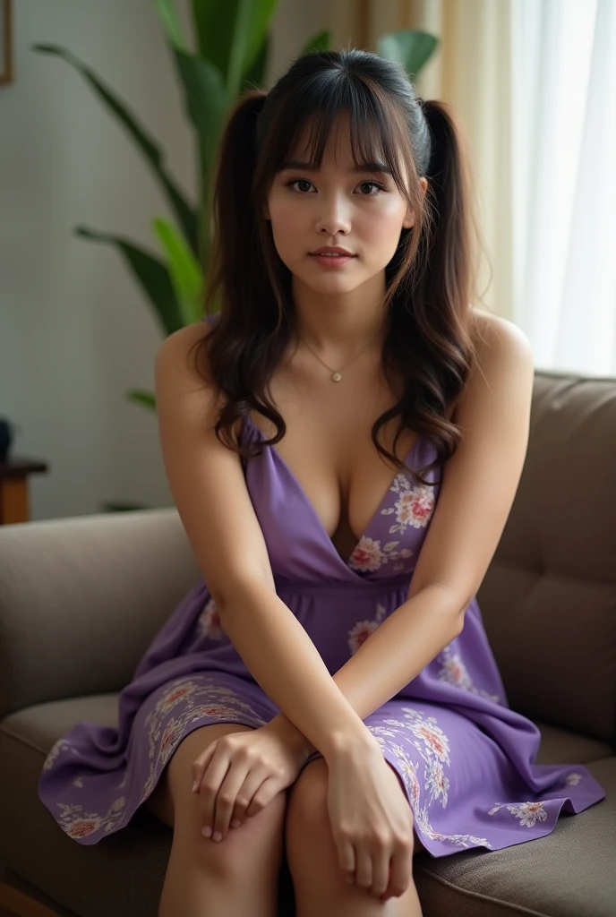 A girl wearing blue angel wings, sunlight shining on her face, eyes looking straight ahead, tulips in her hair, skin as white as a peeled egg, long black hair in pigtails, and a pair of breasts. seductively large and covered with a purple bra, wearing a short purple dress, surrounded by a crocodile dress