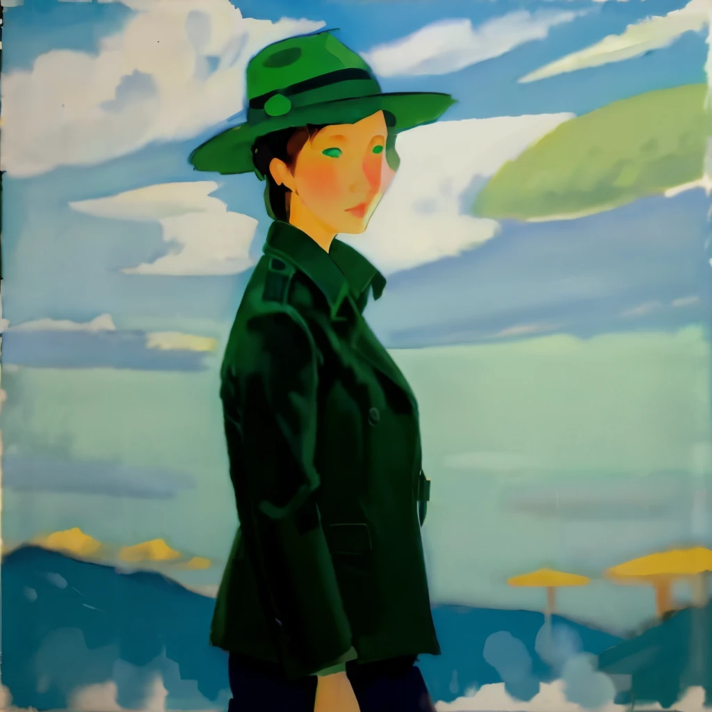 A woman in a green jacket under the blue sky、