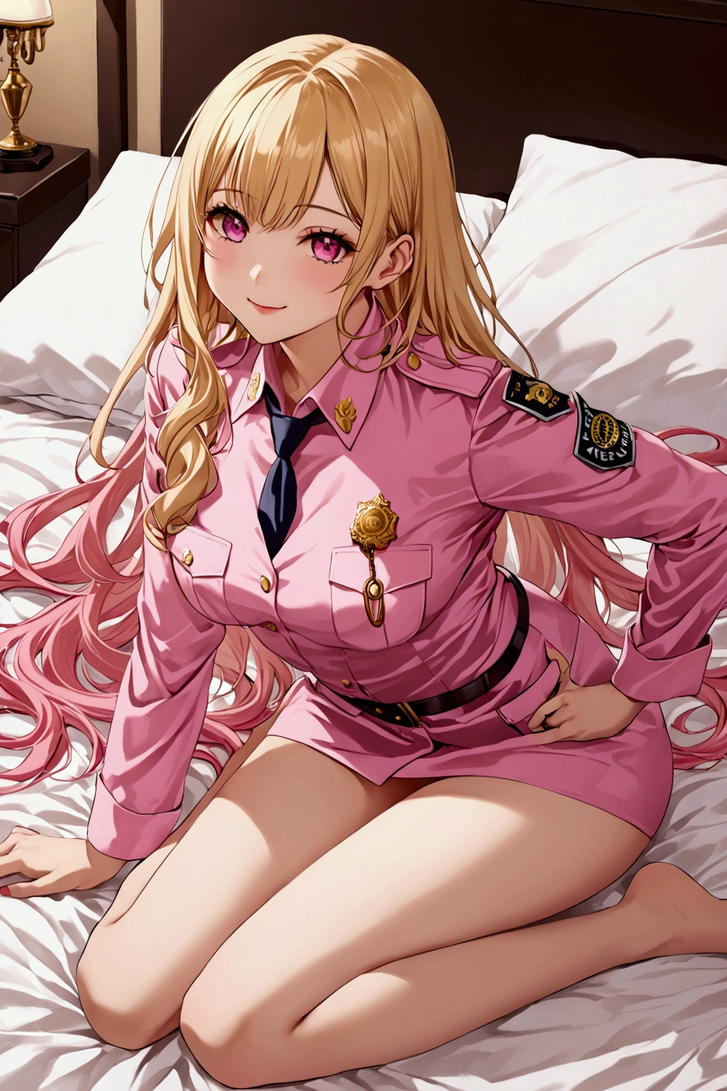 Marin kitagawa, She has silky blonde hair, tipped with pinkish-red or citrus orange, reaching down around her pelvic region, on laying bed , sexy pose ,(( wearing police dress)) , one  girl , holding handcuffs, happy face , ((hairs fading from end in colour pink )), sexy environment ,Her eyes are naturally a dark brown, although she is almost always seen with dark pink color contacts when she isn't cosplaying, sexy arched back pose