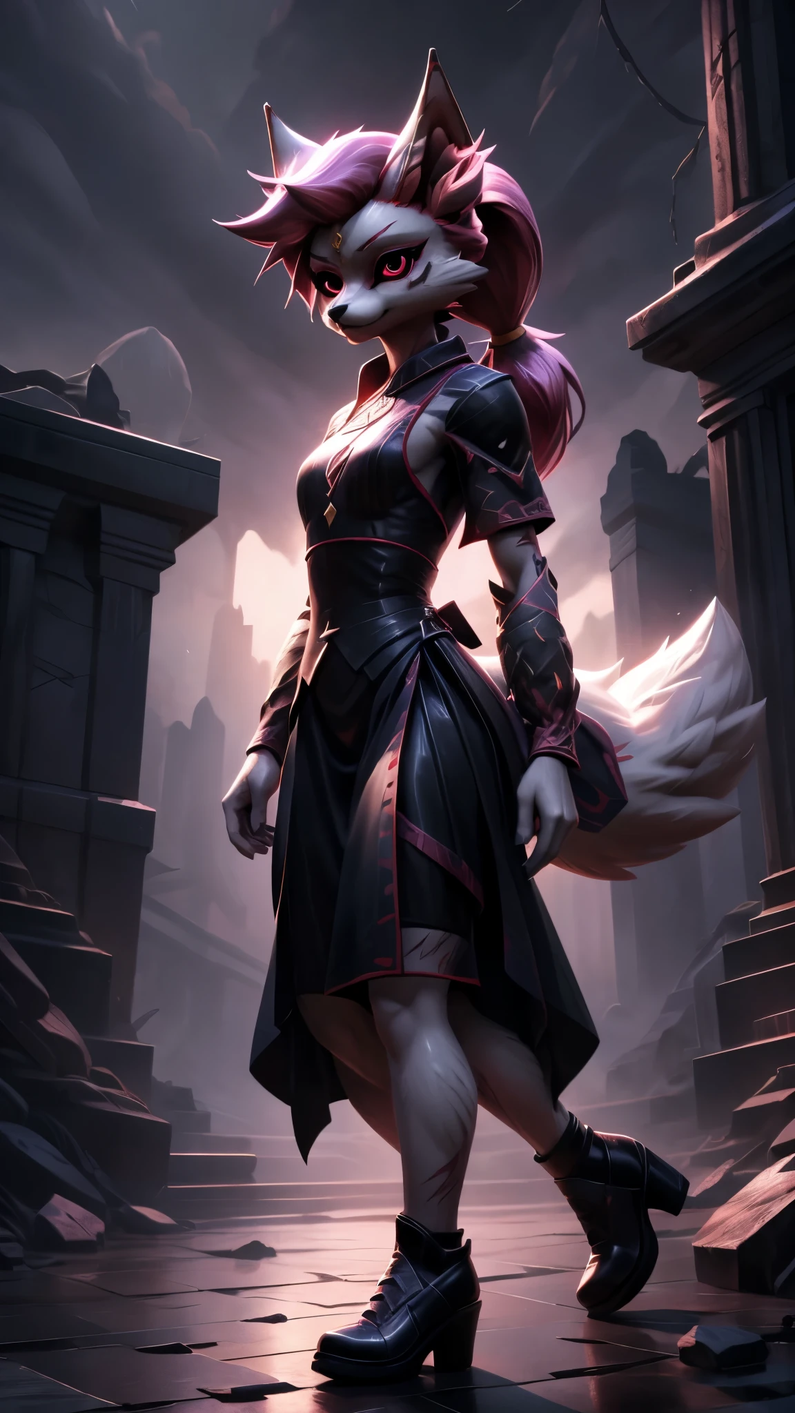 kimiko, furry female anthro, fox girl, white body fur, pink hair, multiple tails, solo, short ponytail, scar on the eye, large elegant dress, serious face, elegant shoes, elegant pose, dark ruins of a fantastic dungeon, digital art, volumetric lighting, modern art, photorealism, wallpaper, dark tones with bright gaps, excessive detail, mind-blowing detail, 4k, cinematic lighting, suspenseful lighting, (best quality), detailed background, detailed body, ((detailed eyes, detailed face)), masterpiece, glistening body, shiny body, perfect shadows, ((perfect eyes, perfect hair, perfect face)), red eyes, glowing eyes, night, darkness, closed clothes