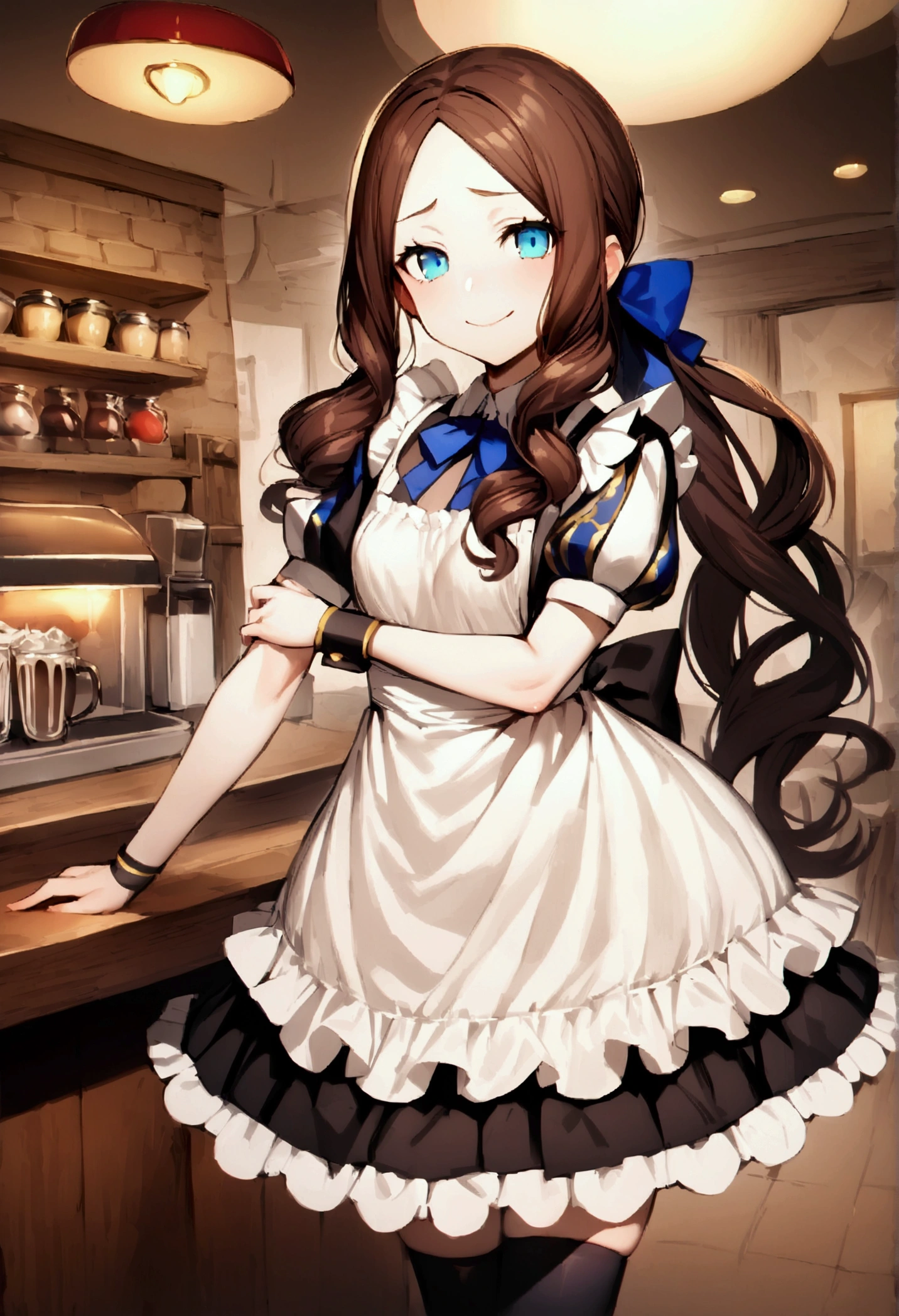 NSFW,masterpiece,Highest quality,High resolution,Very detailed,Leonardo da Vinci\(Fate/grandorder\),blue eyes, Long Hair, Brown Hair, Side Lock, Low Ponytail, ribbon, Short sleeve, Wrist cuff, maid, apron, maidヘッドドレス, Black knee socks,Small breasts,Bewitching Smile,Coffee shop