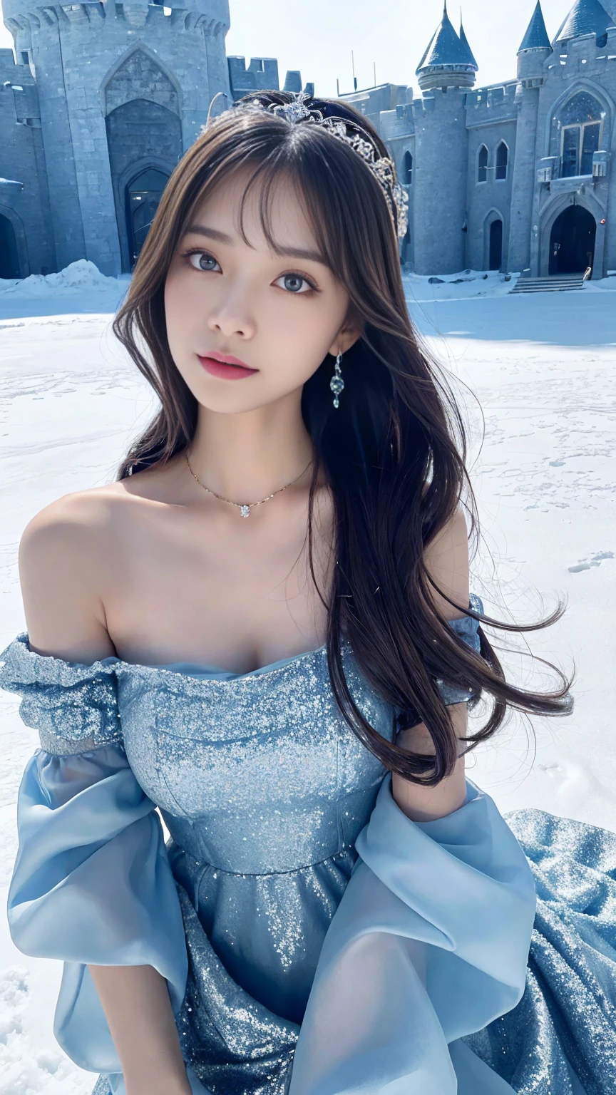 (masterpiece、Highest quality、8k、1、RAW Photos)、(Professional Lighting)、Spotlight, Award-winning portraits、pure、Japanese、A luxurious sky-blue dress、(Big Breasts)、Gray Hair、blue eyes、Off-the-shoulder dress、((A big ice castle)), Snow-covered landscape, Diamond dust, ((Glittery dresses)) , Long Hair, Hair blowing in the wind, The western sun shines, Put the tiara on your head