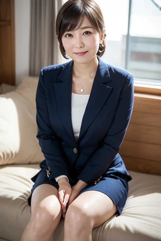 Masterpiece, photo quality, Japanese woman, CEO secretary, business jacket, cotton tight skirt, (upstyle: 1.2), smile, droopy eyes, gentle eyes, bangs, beautiful skin-colored thighs, city, perfect lighting,