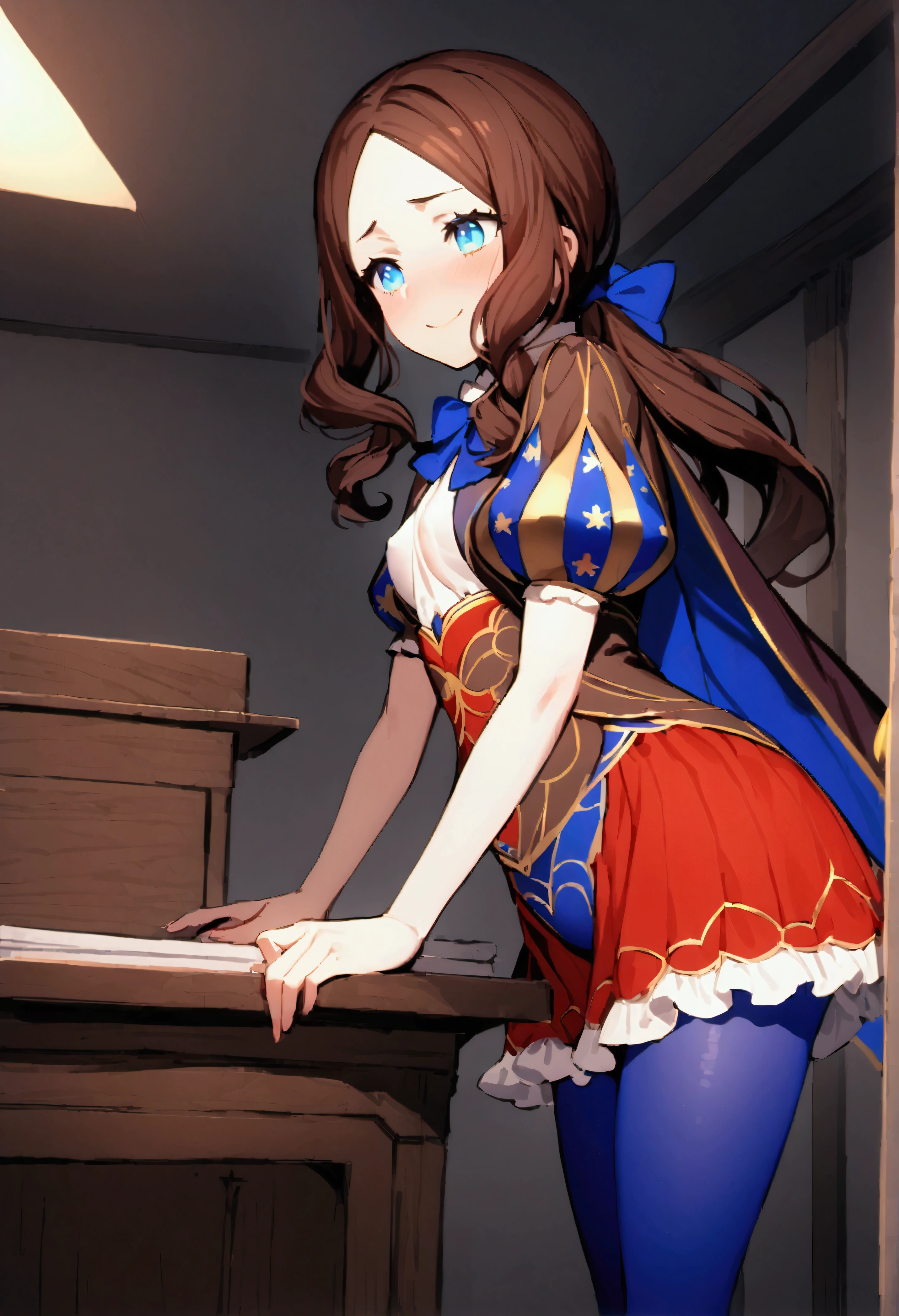 NSFW,masterpiece,Highest quality,High resolution,Very detailed,Leonardo da Vinci\(Fate/grandorder\),blue eyes, Long Hair, Brown Hair, Side Lock, Low Ponytail, ribbon, dress, White shirt, Puff sleeves, Short sleeve, Red Skirt, Cape, Blue Pantyhose,Small breasts,Bad Smile,provoke,Research Room