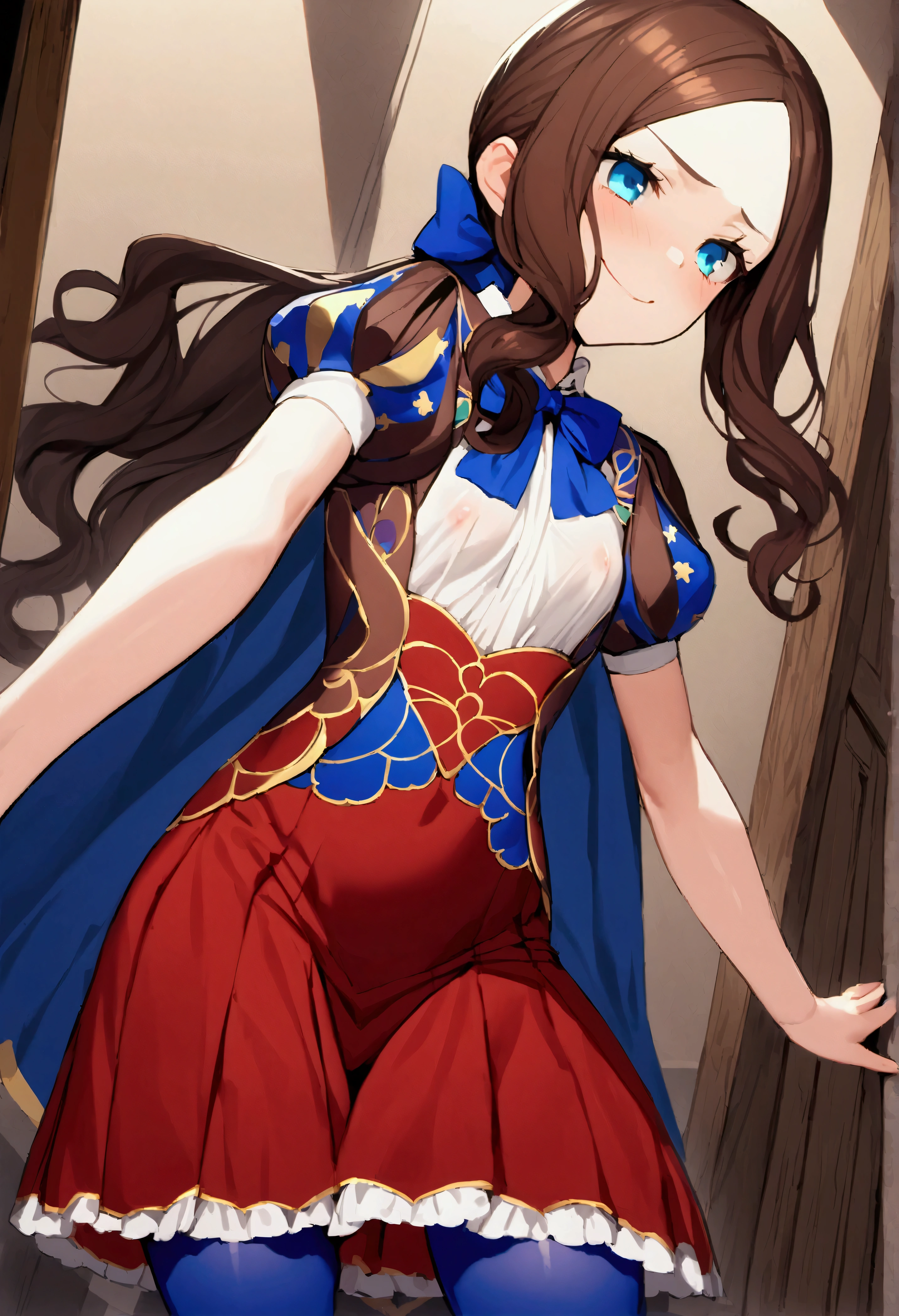 NSFW,masterpiece,Highest quality,High resolution,Very detailed,Leonardo da Vinci\(Fate/grandorder\),blue eyes, Long Hair, Brown Hair, Side Lock, Low Ponytail, ribbon, dress, White shirt, Puff sleeves, Short sleeve, Red Skirt, Cape, Blue Pantyhose,Small breasts,Bad Smile,provoke,Research Room