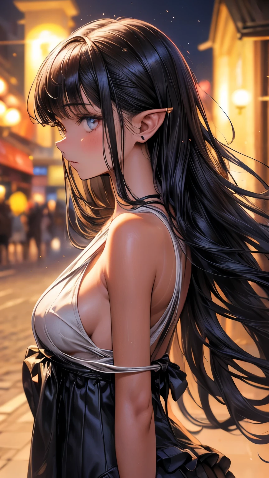 a beautiful anime girl with long black hair, blue eyes, pointy ears, timid expression, small breasts, outdoors, seaside, swimtan, one-piece tan, tanline, tan, bikini, full body, from back, belly, swimsuit tan, ass focus, beautiful eyes, loraeyes, (best quality,4k,8k,highres,masterpiece:1.2),ultra-detailed,(realistic,photorealistic,photo-realistic:1.37),intricate details, extremely detailed face and eyes, soft lighting, warm color palette, cinematic composition