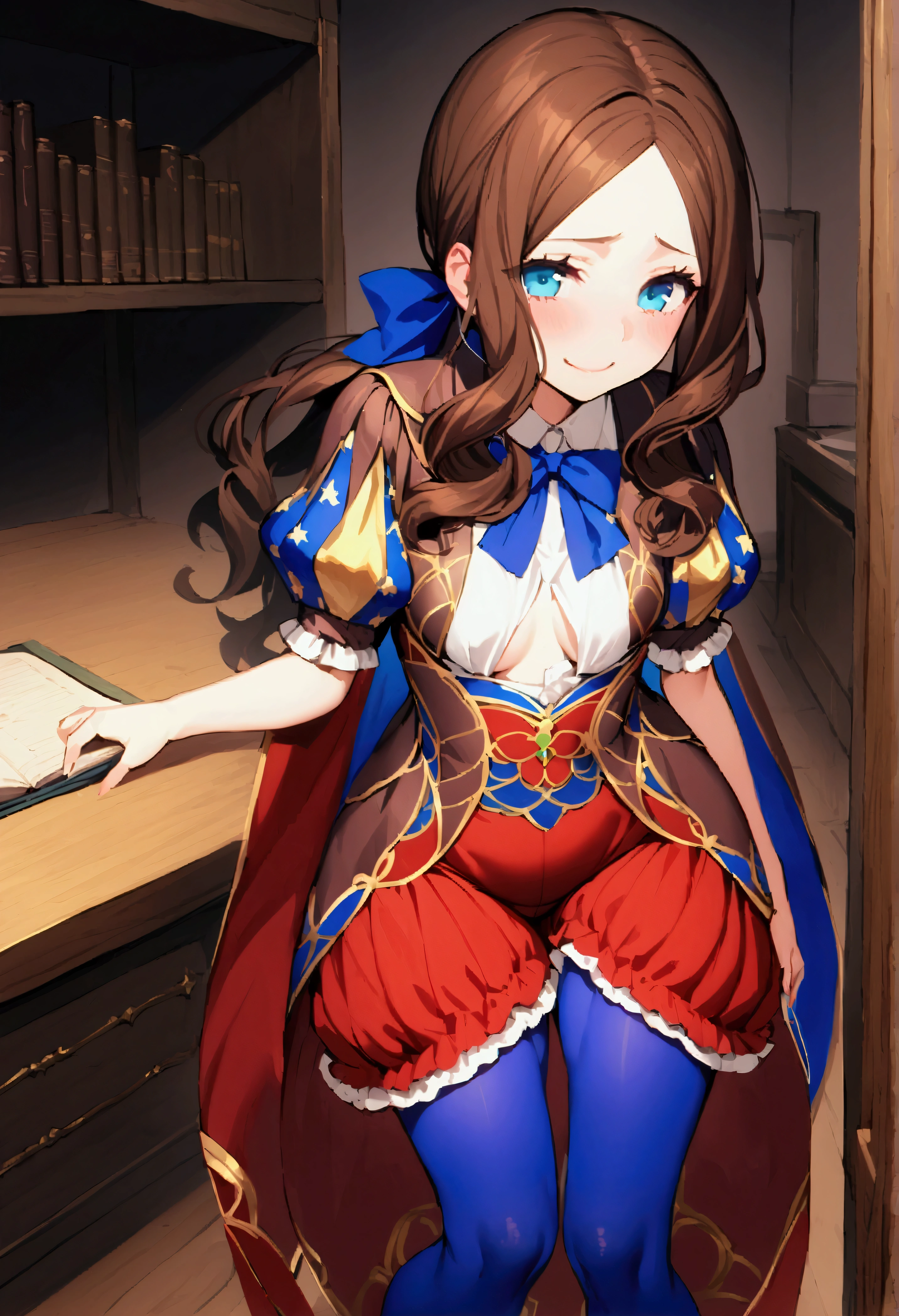 NSFW,masterpiece,Highest quality,High resolution,Very detailed,Leonardo da Vinci\(Fate/grandorder\),blue eyes, Long Hair, Brown Hair, Side Lock, Low Ponytail, ribbon, dress, White shirt, Puff sleeves, Short sleeve, Red Skirt, Cape, Blue Pantyhose,Small breasts,Bad Smile,provoke,Research Room