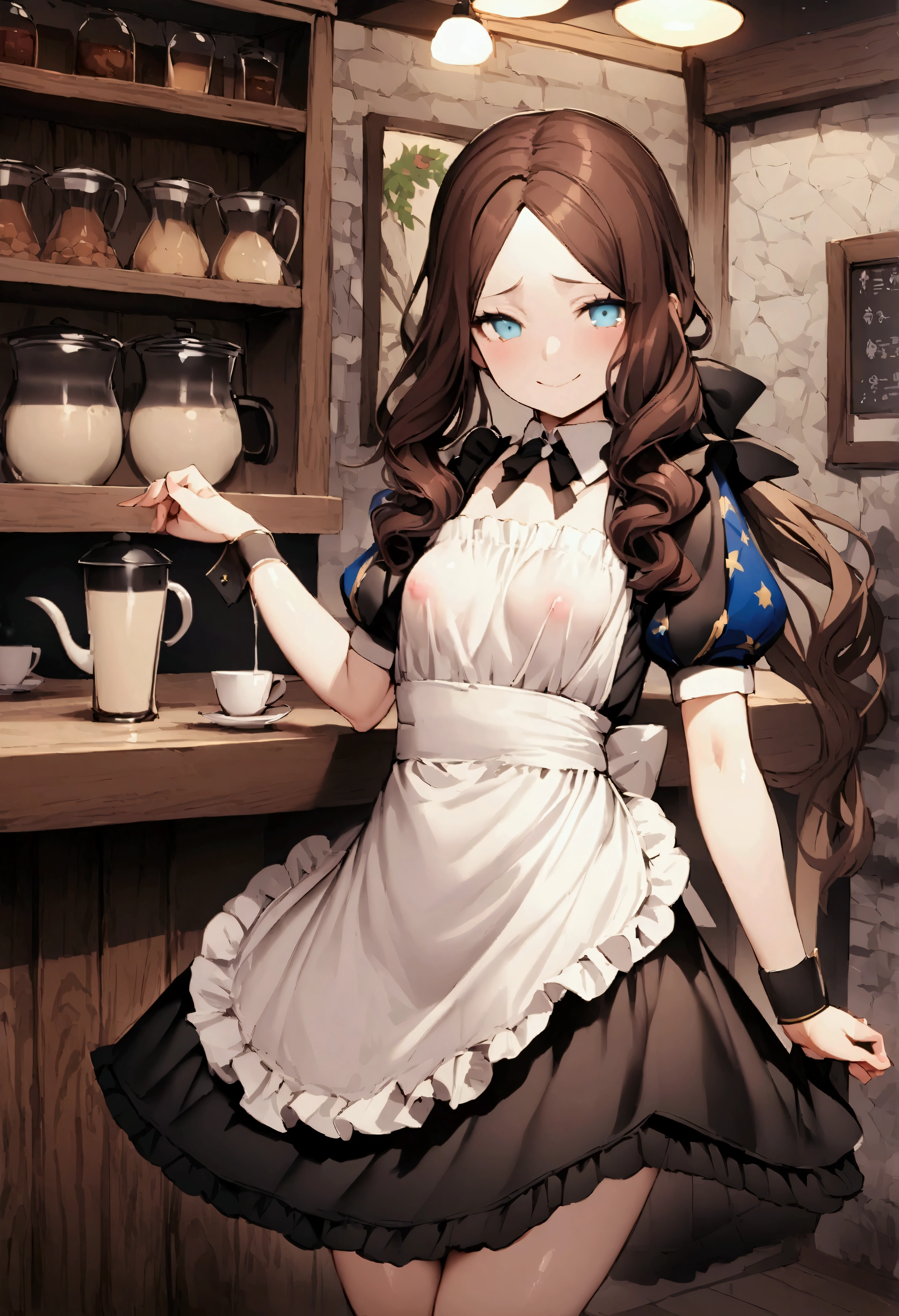 NSFW,masterpiece,Highest quality,High resolution,Very detailed,Leonardo da Vinci\(Fate/grandorder\),blue eyes, Long Hair, Brown Hair, Side Lock, Low Ponytail, ribbon, Short sleeve, Wrist cuff, maid, apron, maidヘッドドレス, Black knee socks,Small breasts,Bewitching Smile,Coffee shop