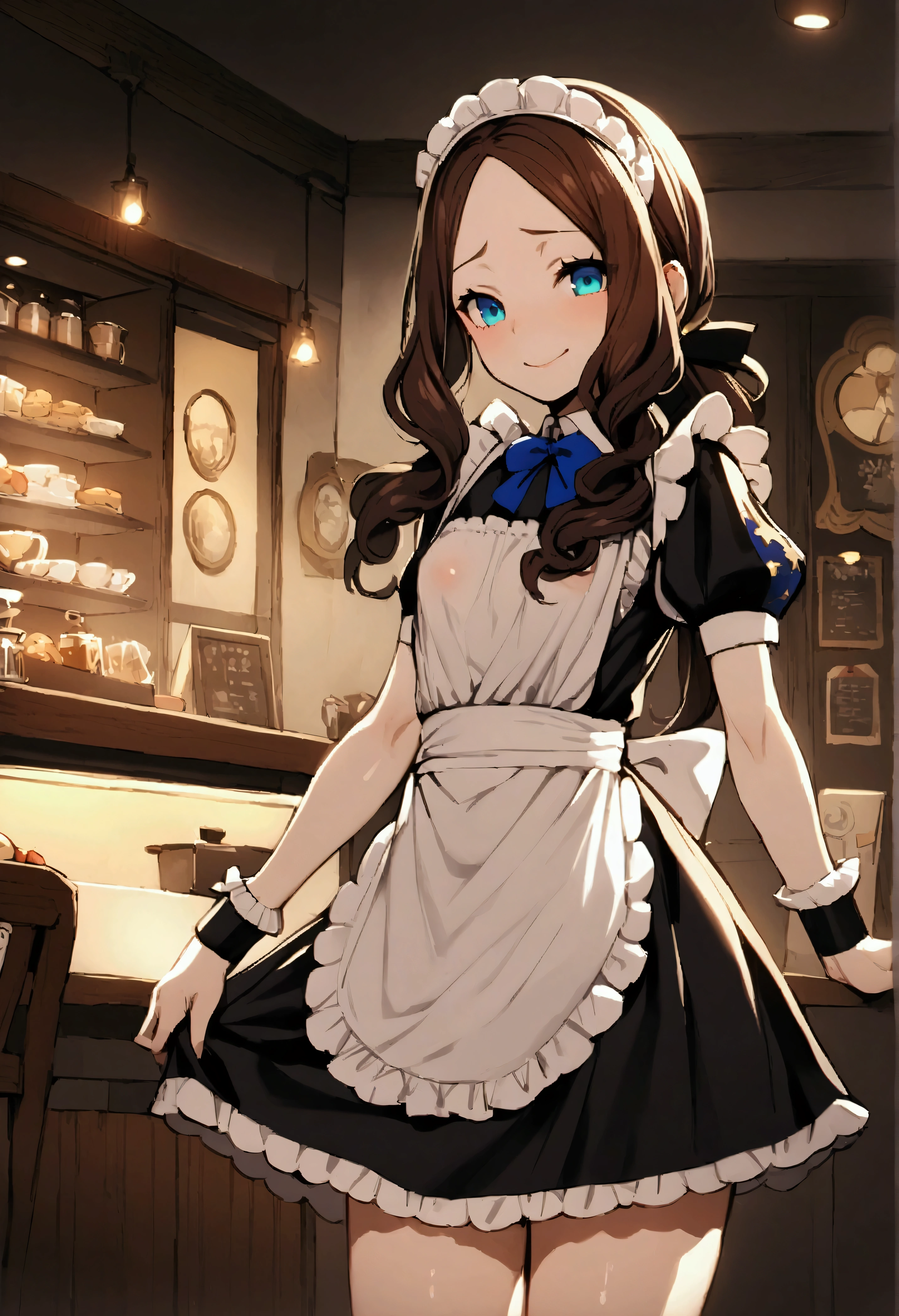 NSFW,masterpiece,Highest quality,High resolution,Very detailed,Leonardo da Vinci\(Fate/grandorder\),blue eyes, Long Hair, Brown Hair, Side Lock, Low Ponytail, ribbon, Short sleeve, Wrist cuff, maid, apron, maidヘッドドレス, Black knee socks,Small breasts,Bewitching Smile,Coffee shop