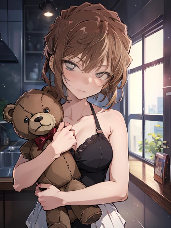 (Girl hugging a teddy bear:1.2), short hair, Haibara Ai, Brown Hair, highest quality, 1girl, ccurate, (masterpiece), uhd, retina, anatomically correct, textured skin, super detail, high details, high quality, best quality, highres, 16K