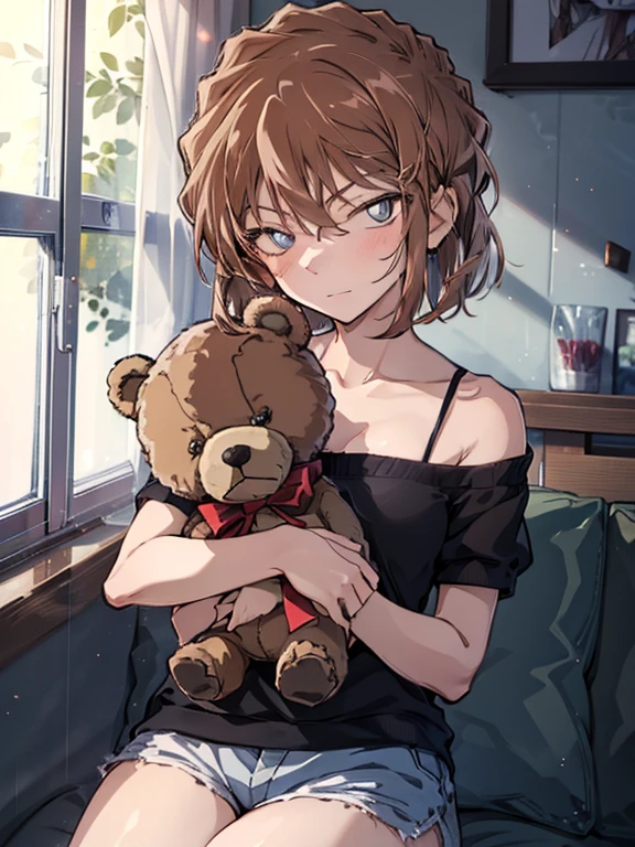 (Girl hugging a teddy bear:1.2), short hair, Haibara Ai, Brown Hair, highest quality, 1girl, ccurate, (masterpiece), uhd, retina, anatomically correct, textured skin, super detail, high details, high quality, best quality, highres, 16K