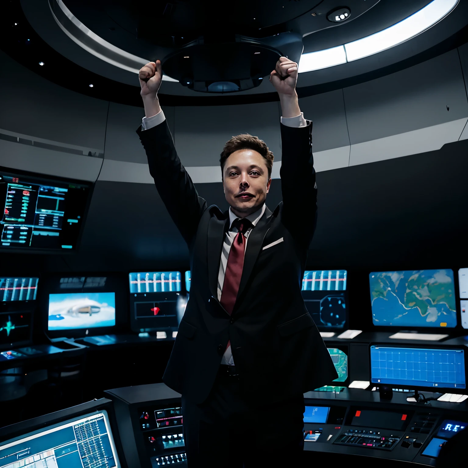 An enthusiastic and excited Elon Musk, wearing a suit, is standing in a control room during a SpaceX rocket testing project. He has both hands raised in the air with fists clenched in a victorious gesture. The control room is filled with monitors displaying rocket launch data, and the atmosphere is energetic and intense, reflecting the excitement of a successful space mission.