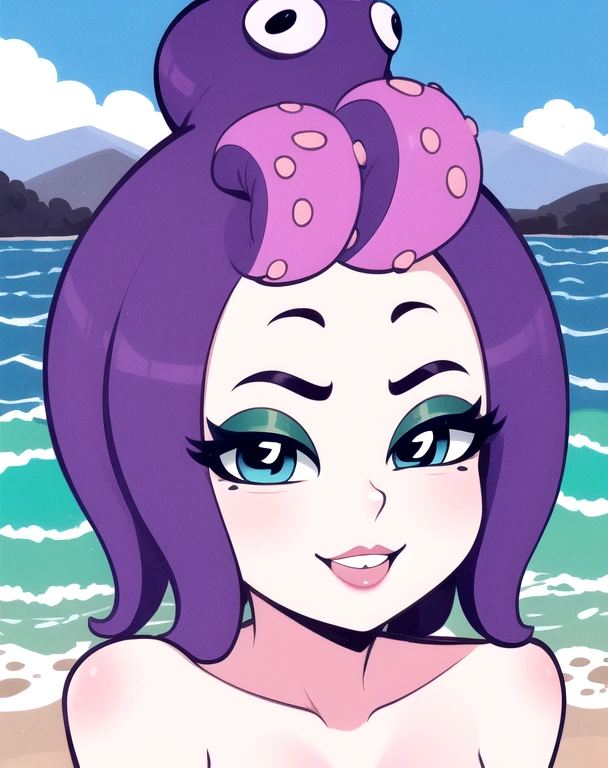 calamaria,purple squid hair,blue eyes,eyeshadow,
mermaid,face focus,
looking at viewer,
ocean,mountains,smile,
(insanely detailed, beautiful detailed face, masterpiece, best quality),