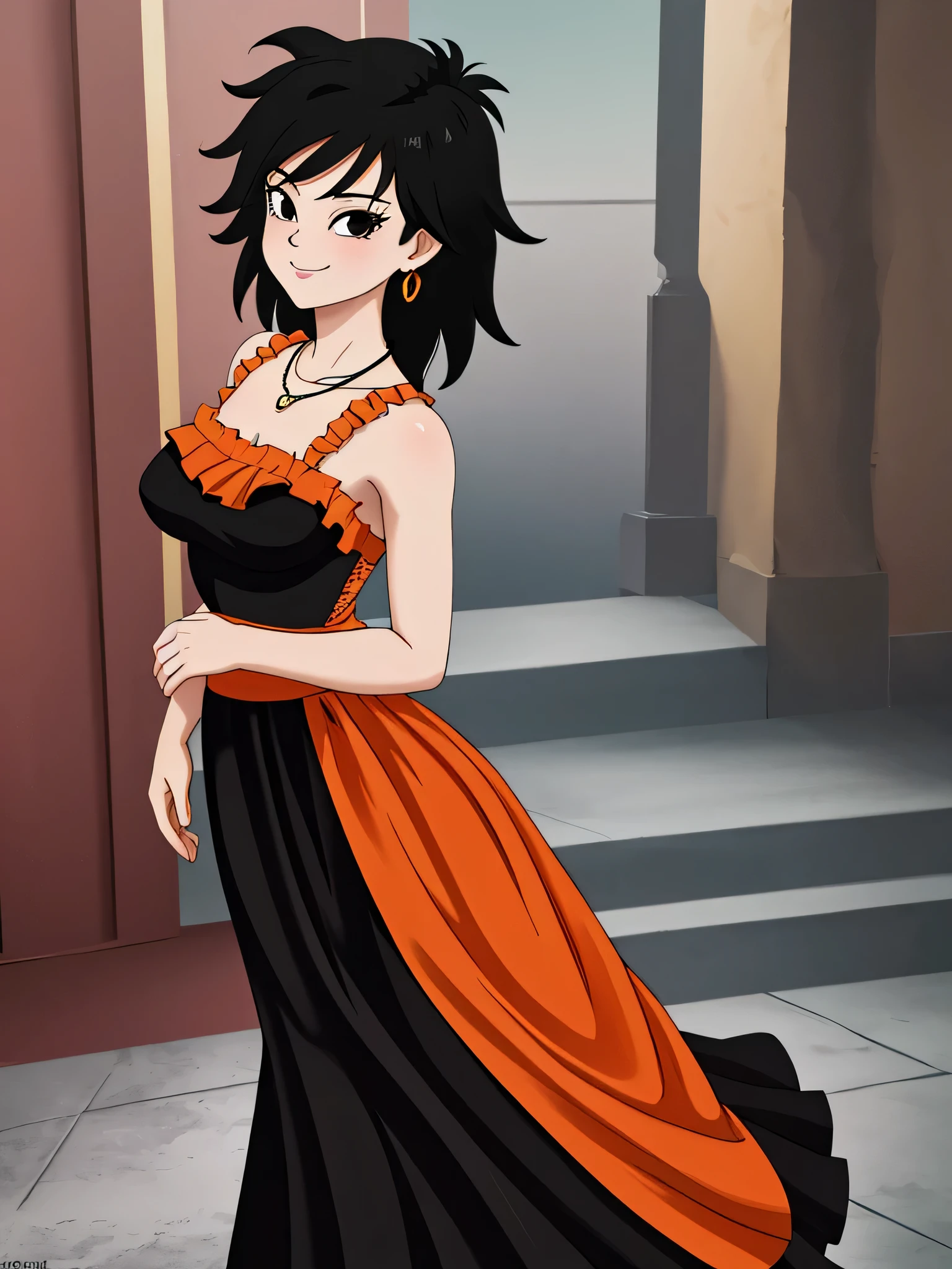 Gine as a flamenco dancer, masterpiece, best quality, ultra detailed, 8k, 4k, half body, cowboy shot, Gine, 1 girl, solo, smile, looking at viewer, full body, black hair, short hair, holding her skirt, bare shoulder, bare arms, medium breast, necklace, seductive, strapless, a flamenco dress, orange ruffle off the shoulder attire, orange off the shoulder top, black maxi dress, plaza, village, sunny day.