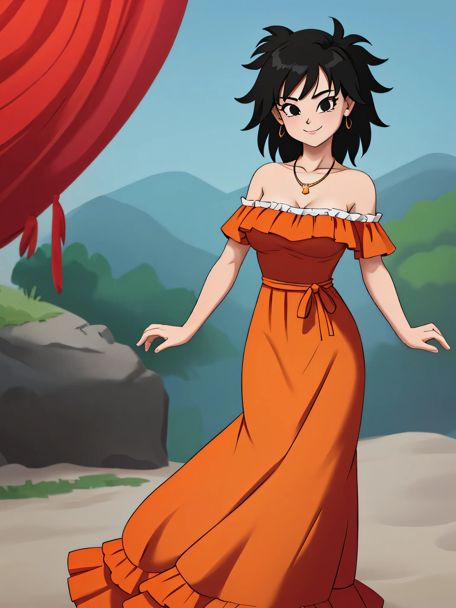 Gine as a flamenco dancer, masterpiece, best quality, ultra detailed, 8k, 4k, half body, cowboy shot, Gine, 1 girl, solo, smile, looking at viewer, full body, black hair, short hair, holding her skirt, bare shoulder, bare arms, medium breast, necklace, seductive, strapless, a flamenco dress, orange ruffle off the shoulder attire, orange off the shoulder top, black maxi dress, plaza, village, sunny day.