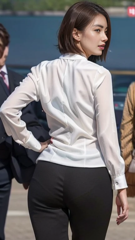 Highest quality, masterpiece, Ultra-high resolution, (Realistic:1.4), RAW Photos, Very detailed, Perfect Anatomy, The most beautiful Japanese female office worker in the world、Back view、((Emphasize your butt、Depict the whole body:1.4))、((smile、Looking back at the camera:1.4))、Glamorous Body、Perfect proportions、(((Her beautiful, big, forward leaning postureで、Perfect big ass sticking out for the camera:1.4)))、Very close to the butt、Drawing from the knees up、forward leaning posture、((shoulder hair、Straight Hair:1.4))、 1 girl, Age 25, Most popular Japanese idols, ((Wearing a light grey business suit and a tight pencil mini skirt、Point your butt up):1.2), (He is wearing a light gray business suit over a white dress shirt.、Wearing beige pantyhose、Transmitted pantyhose、Wearing black high heels。.。.。.), 無邪気なsmile, Very cute face like the most famous Japanese idol, very beautiful big black round eyes, ((Very beautiful semi-brown hair)), Very beautiful slender body, Very beautiful breasts, Very beautiful ass in a light gray business miniskirt, Plump thighs、 Depict the whole body、very beautiful Realistic skin, Pay attention to the butt、Turn around and look at the camera、 A business suit with attention to detail, A good quality white dress shirt、The background is a business district、Outdoor