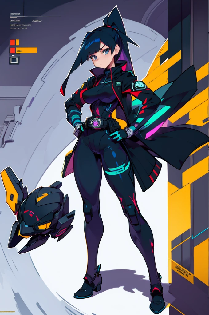 1girl, solo, breasts, looking at viewer, black hair, ponytail, gloves, medium breasts, standing, jacket, full body, multicolored hair, streaked hair, black jacket, hand on hip, grey eyes, v, bodysuit, science fiction, gloves, kamen rider belt