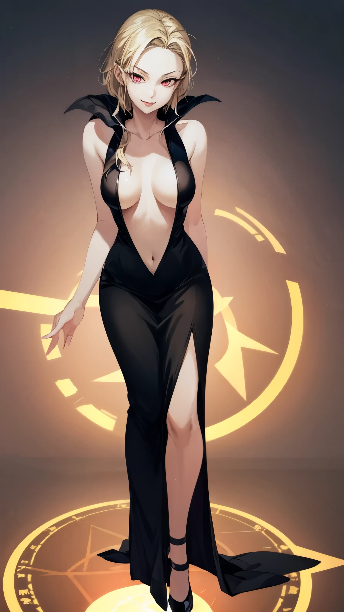 （（super high quality,））（（Ultra-high resolution,））（16K,）（super masterpiece,）（（Ultra HD ,））（Detailed shading,）（（Full Color,））Floating on bent knees above a glowing magic circle,One Sexy Naked Mature Woman,Straight blonde very long,Black headband,（（popped Tight open collar sexy BLACK dress,））No sleeve,Cleavage,Sharp Eyes,Provocative smile,