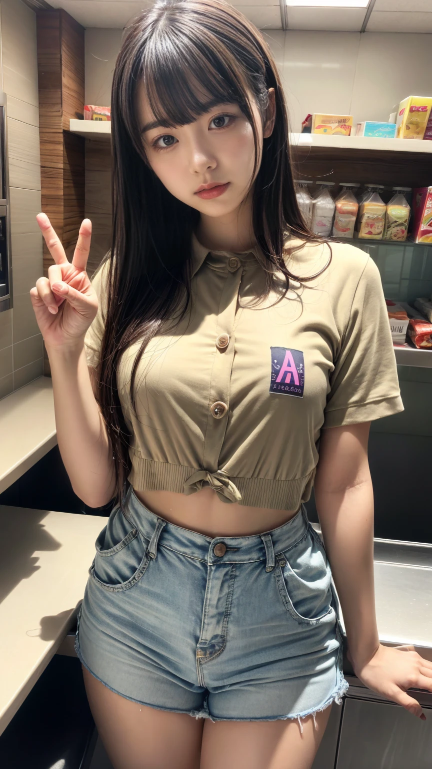 (8k, RAW photo, best quality, masterpiece:1.2), (realistic, photo-realistic:1.4), (extremely detailed 8k wallpaper), sharp focus, depth of field, bocinematic lighting, soft light,detailed beauty eyes,shiny smooth light brown long bob hair, asymmetrical bangs, shiny skin, super detailed skin,high resolution, high detailing, detailed hairstyle, detailed beauty face, hyper realistic, perfect limbs, perfect anatomy ,1 japanese girl,famous Japanese idol, perfect female body, large breasts,smile,short eyelashes,double-edged eyelid,long bob hair, looking at viewer,cowboy shot、(off shoulder t shirt,mini skirt:1.3),(stylish cafe:1.3),random background, flirtatious look, ((very detailed)), (perfectly detailed face), (well detailed hand) photorealistic image.