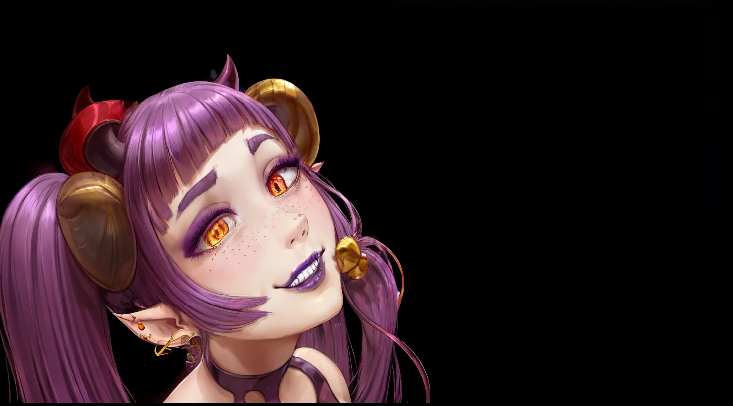 (majalis:1.2), (1girl, demonking, slit pupils, cherry hair ornament:1.1),(closeup:0.8), demon girl, earrings, eyelashes, eyeshadow, freckles, golden horns, hair ornament, smile, heart, horns, jewelry, lipstick, long hair, looking at viewer, makeup, piercing, pointy ears, purple hair, purple lips, solo, twintails, yellow eyes 