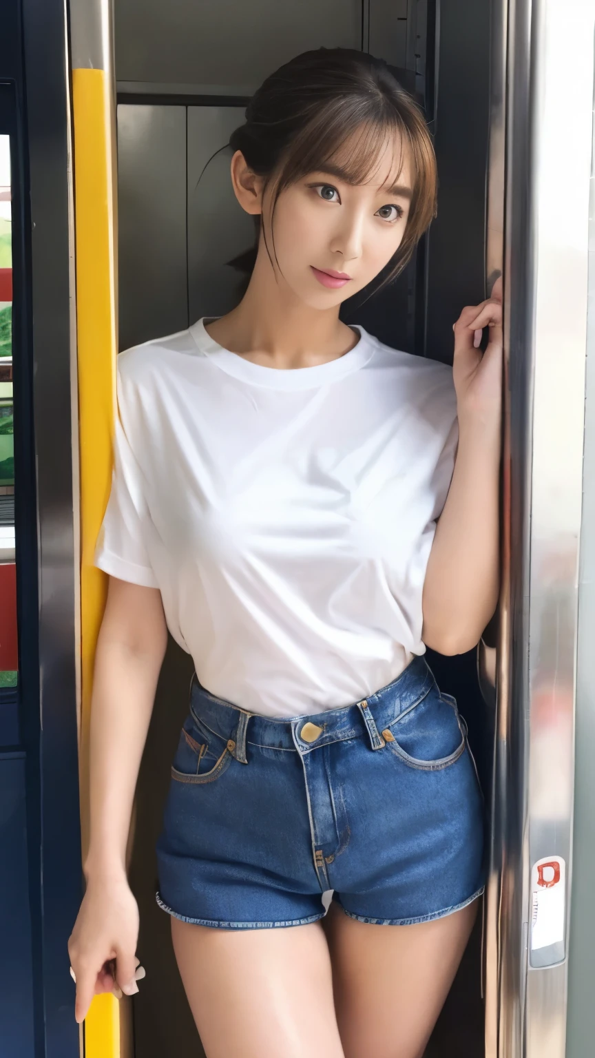 Photo-realistic image quality、Japan Railways、Japanese Trains、(Slightly long hot pants、Oversized hot pants:1.5)、(Denim fabric hot pants)、Beautiful feet、Great style、slender、Medium chest、Beautiful Skin、Smooth Skin、Beautiful thighs、Beautiful calves、cute、Beauty、(Chignon Hair:1.3)、Fair skin、(Brown Hair)、Upright、I am on a train、Grab onto the strap、(Voyeur)、White T-shirt、(Shooting from the side、Shoot diagonally from behind、Shooting from diagonally in front),reduce noise、bright、(Not aware that they are being watched:1.3)、(pov peeping)、smile、(素足でWearing sandals:1.2)、Long legs、Beautiful legs、(Heeled Sandals、Wearing sandals:1.4),(The line of the underwear is visible、See-through bra:1)、Full body photo、(Slender)