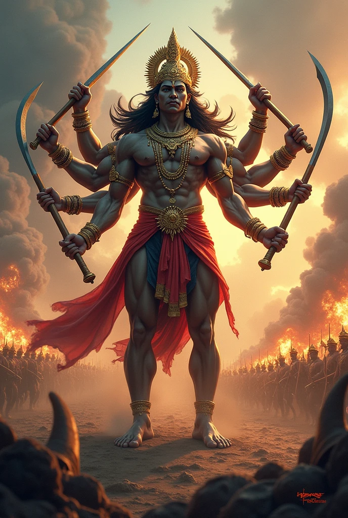 One man with big height and having thousand hands ,he is with six pack body and good personality holding bows and arrows with his thousand hands ,he looks like bramhana with wearing orange cloths he died by one axe man with good and great body ,he died because of axe man killed him