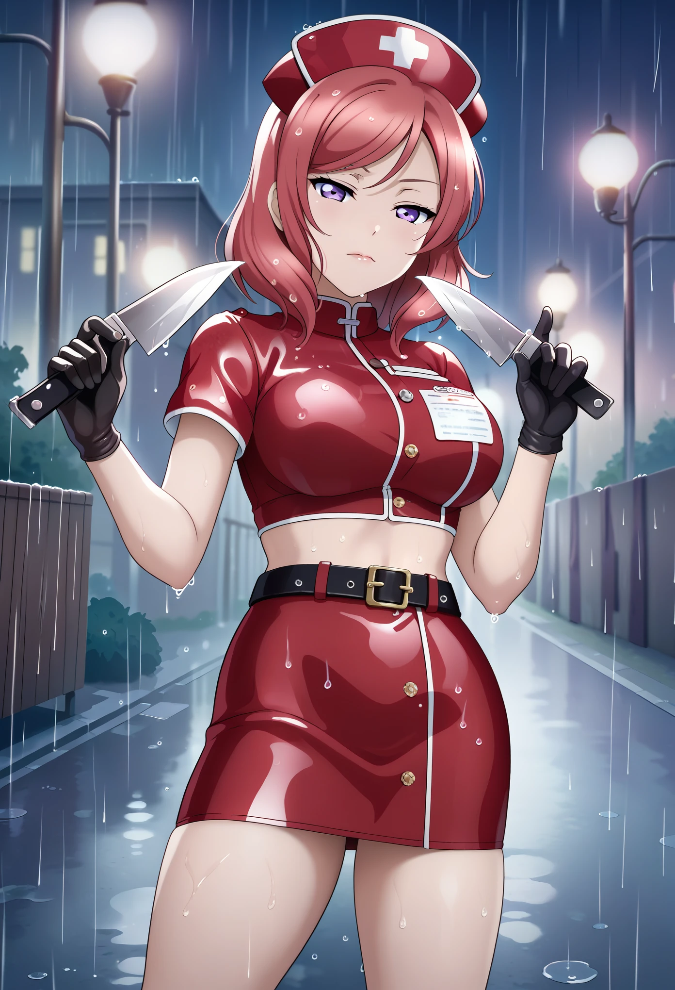 masterpiece, best quality, front view, nishikino maki,red hair, medium hair, purple eyes , nurse, nurse cap, big breasts, red crop top, blue short sleeves,gloves,red skirt,belt,(skin tight:1.2),in Street, holding small knife , evil , standing, legs apart , night,wet, rain , half closed eyes , closed mouth , looking at viewer 