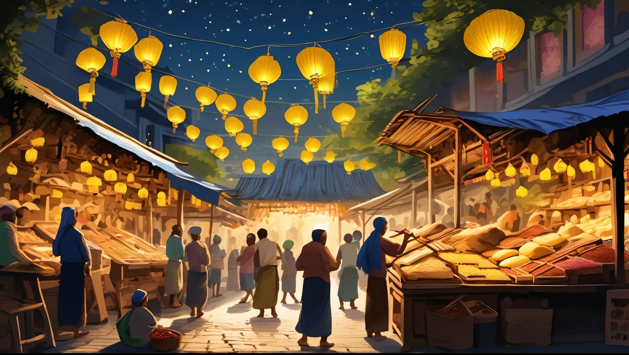 Create an image of a bustling ancient marketplace at night, set in a wooden structure with yellow lanterns illuminating the scene. The market is filled with vendors selling exotic goods, fresh produce, and handmade crafts. The wooden stalls are adorned with intricate carvings and colorful tapestries.

In the foreground, a vendor tends to a stall overflowing with fresh fruits and vegetables, while a customer haggles over the price of a rare spice. Nearby, a group of musicians play traditional instruments, adding to the lively atmosphere.

The night sky above is a deep shade of indigo, with stars twinkling like diamonds. The yellow lanterns cast a warm glow, casting long shadows across the market floor. The air is thick with the scent of incense, fresh bread, and roasting meats.

In the background, the silhouette of an ancient temple rises above the market, its stone walls and towering spires a testament to the city's rich history. The sound of laughter, music, and merchants calling out to passersby fills the air, creating a vibrant and immersive atmosphere."
