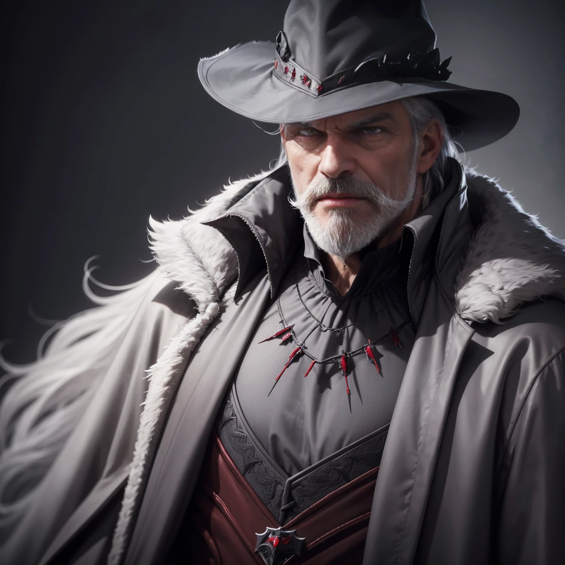 1man,gray hair, gray mustache, gray beard,vampire, vampire fangs, handsome, wearing black suitcoat, wearing red shoulder robe, dracula,malicious aura, Closer distance face, Closer distance head, closer distance pressing against me, hd, high quality, hyperdetail, ultra-realistic, 8k Resolution 