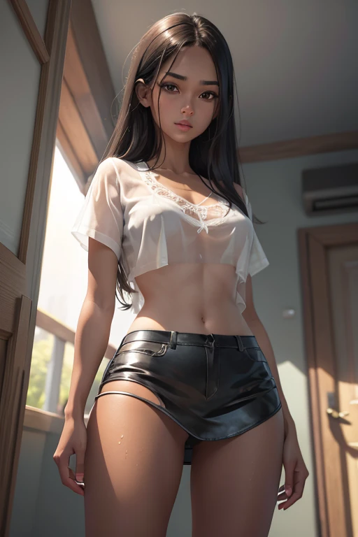 a sexy tanned skin girl, long straight brown hair, see-through wet white shirt, short skirt, upskirt black panties, big ass, medium breasts, detailed face, beautiful detailed eyes, beautiful detailed lips, extremely detailed eyes and face, long eyelashes, photo-realistic, 8k, masterpiece, ultra-detailed, realistic, vivid colors, studio lighting, physically-based rendering, sharp focus
