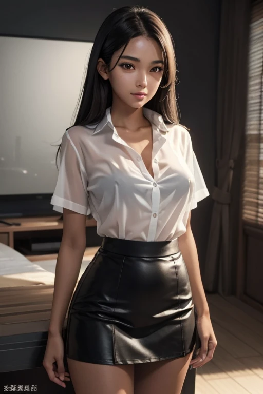 a sexy tanned skin girl, long straight brown hair, see-through wet white shirt, short skirt, upskirt black panties, big ass, medium breasts, detailed face, beautiful detailed eyes, beautiful detailed lips, extremely detailed eyes and face, long eyelashes, photo-realistic, 8k, masterpiece, ultra-detailed, realistic, vivid colors, studio lighting, physically-based rendering, sharp focus
